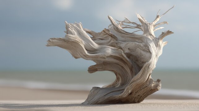 Abstract Natural Sculpture of Smooth Weathered Driftwood on a Sandy Beach Shore