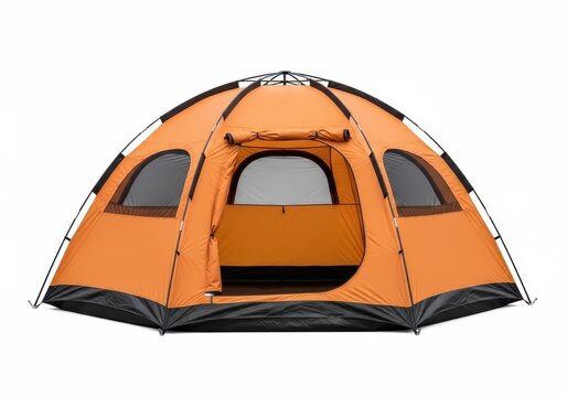 Orange dome-shaped family camping tent with mesh windows