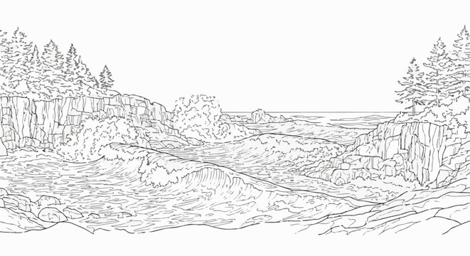 Rough sea waves crashing against rocky cliffs with pine trees on either side