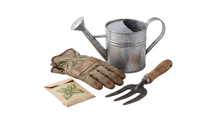 Essential gardening tools: watering can, gloves, hand trowel, and seed packet, isolated on transparent background. © Nicole