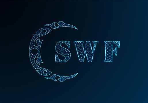 Low poly letter logo SWF design. SWF letter logo low poly vector design on blue color gradient background. SWF logo low poly design