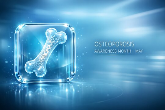May is Osteoporosis Awareness Month with a glowing bone in a glass square.