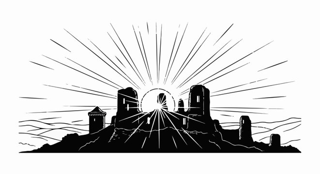 Ruined castle on a hill with sunbeams radiating from behind