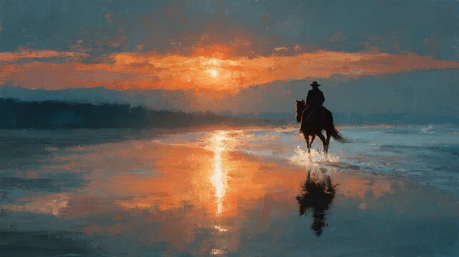 Silhouette of cowboy riding horse on beach at dramatic sunset painterly style illustration
