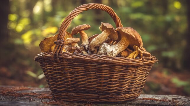 wicker basket full of wild mushrooms porcini boletes russula rustic harvest forest background natural light