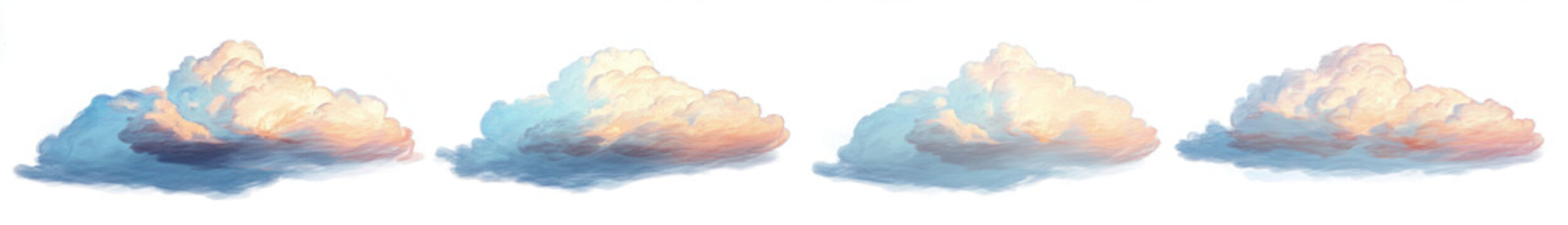  separate, fluffy cumulus clouds on a transparent background.