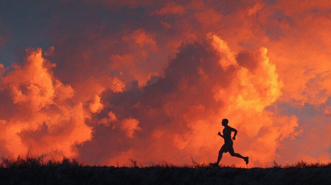 Silhouette of lone runner against dramatic red orange cloudy sunset sky painterly style