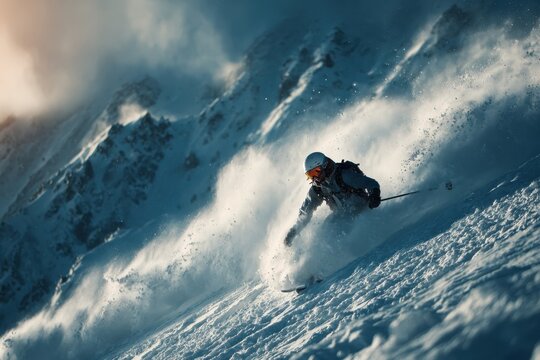 Skier carving sharp turn on steep snow mountain slope with snow spray and dramatic sky
