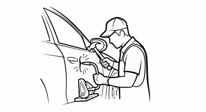 Repairman uses tools to fix dent on car door