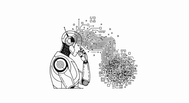 Robotic figure with circuitry flowing from head to data patterns