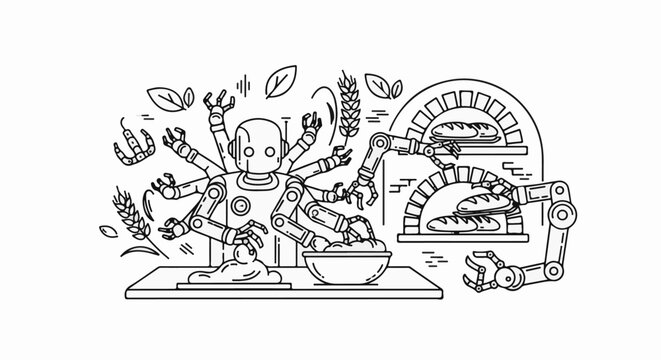 Robotic arms prepare dough and bake bread in a whimsical line art illustration