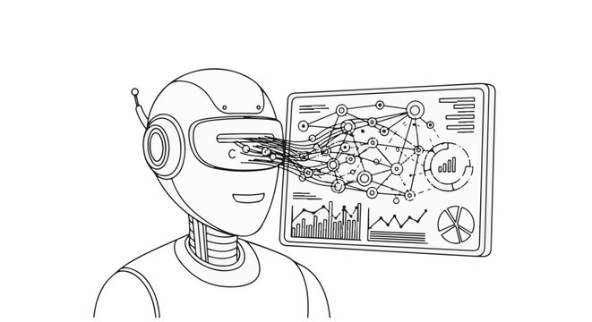 Robotic head with visor interacting with complex data visualization screen