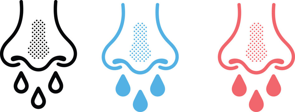 Human nose icon set with runny nose mucus drops representing flu cold allergy symptoms or nasal congestion medical vector