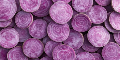 Obraz premium Vibrant Sliced Beet Rounds Seamless Pattern, A Colorful Composition of Magenta and Gold Vegetables