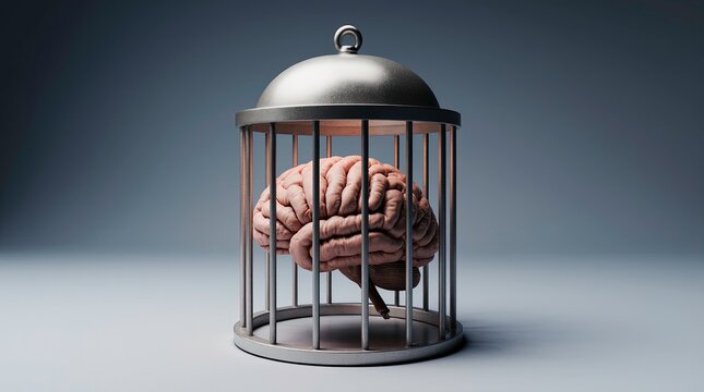 3d render of a human brain trapped inside a metallic birdcage, is clean, shiny, and has vertical bars with a domed top, placed on a neutral surface with a soft gradient.
