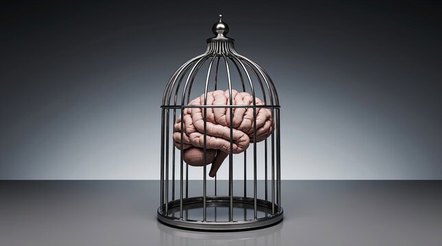 3d render of a human brain trapped inside a metallic birdcage, is clean, shiny, and has vertical bars with a domed top, placed on a neutral surface with a soft gradient.