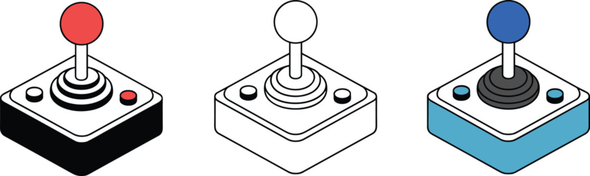 Retro arcade joystick game controller icon set representing classic 80s gaming video game nostalgia and leisure entertainment vector