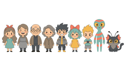 Fototapeta premium Cartoon character set with diverse people alien and cat isolated on white background flat.