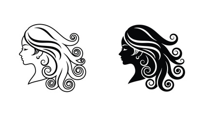 Elegant woman profile portrait vector icon with stylized hair in outline and solid black silhouette © Sarah