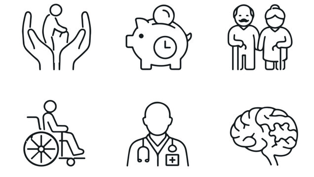 Black and white silhouette icons of healthcare and elder care symbols including protective hands piggy bank elderly couple wheelchair doctor and brain arranged in a balanced grid highlighting wellness