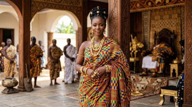 Woman in traditional Ghanaian Kente cloth attire with gold jewelry standing in a cultural setting with people in background