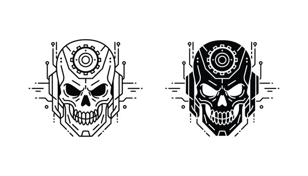 Cybernetic skull head vector icon with mechanical gears and circuitry in outline and solid black