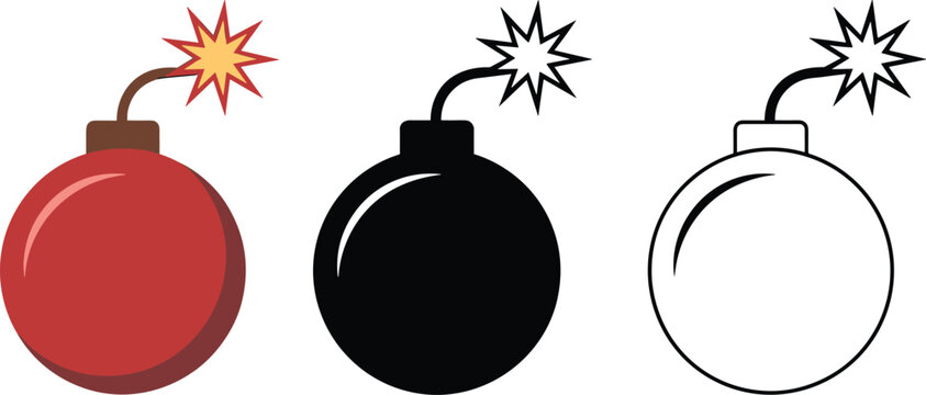 Classic round bomb icon set with burning wick representing explosion danger urgency weapon gaming and cartoon style fire vector