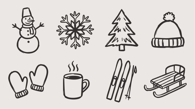 Simple hand-drawn vector art of winter icons: snowman, snowflake, pine tree, hat, mittens, hot drink, skis, and sled, for seasonal designs