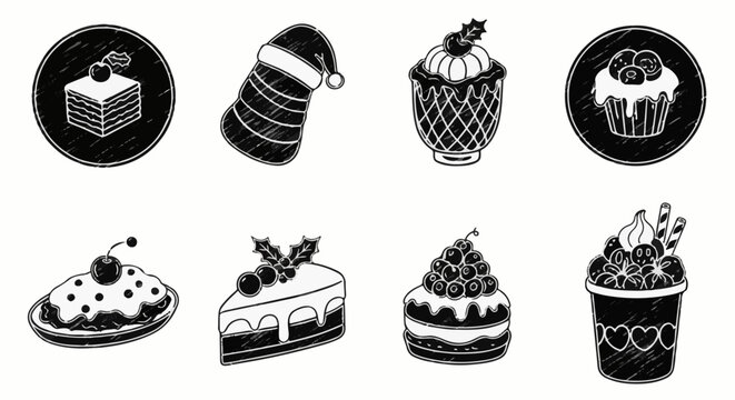 Set of hand-drawn Christmas-themed desserts and treats in black and white