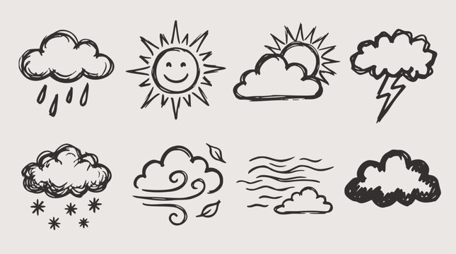 Hand-drawn vector collection of weather forecast icons in a charming doodle sketch style, depicting sun, rain, snow, wind, and lightning clouds