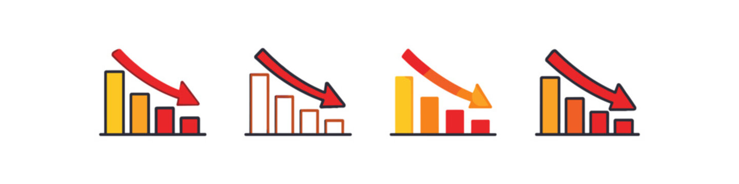 Four distinct bar charts illustrating a downward trend with red arrows indicating decline