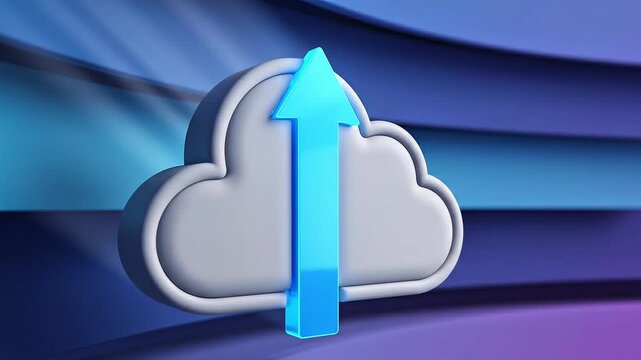 3D cloud upload icon floating in mid-air, viewed from low side angle, soft matte silicone cloud, translucent glowing arrow rising through center, dynamic parallax background with gradient layers
