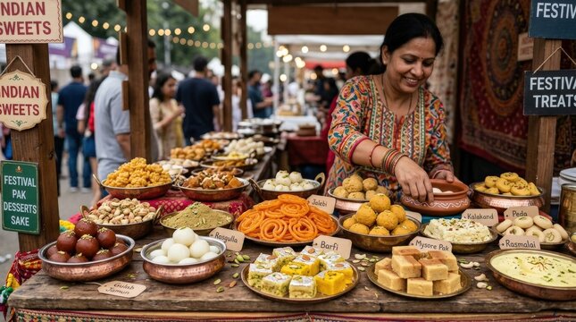 Vibrant Indian sweets and desserts on display at a bustling festival market stall with a smiling woman arranging treats