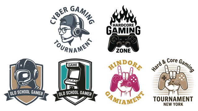 Retro gaming emblems and vintage esports tournament logos with arcade machine and players.