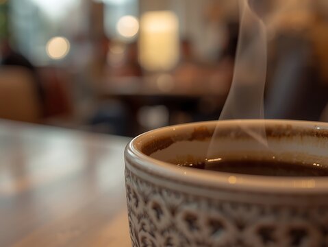 Generative Ai a steaming cup of coffee on a cozy table