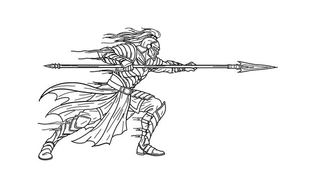 Ancient Spartan warrior charging with spear in hand-drawn line art style