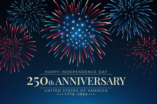 Banner 250th anniversary of USA. 250 years of independence. 4th of july 2026 usa independence day. US flag fireworks, golden text on dark blue sky background. Vector greeting card. Fourth of july