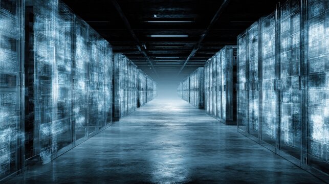 Futuristic Crystalline Data Storage Arrays Humming with Silent Energy in a Modern Data Center