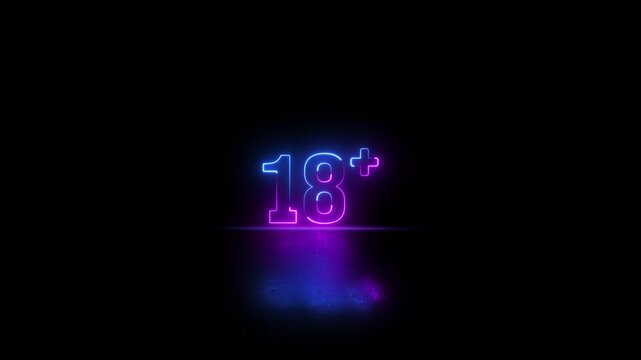 Neon glowing 18 plus icon video animation. 18 plus limit video animation. 18 plus warning symbol. Over 18+ adult sign animation. Age limit under 18 animation. Eighteen plus prohibited sign animation.