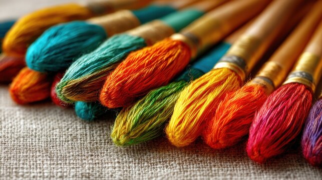 Meticulously Arranged Colorful Embroidery Threads on Textured Fabric