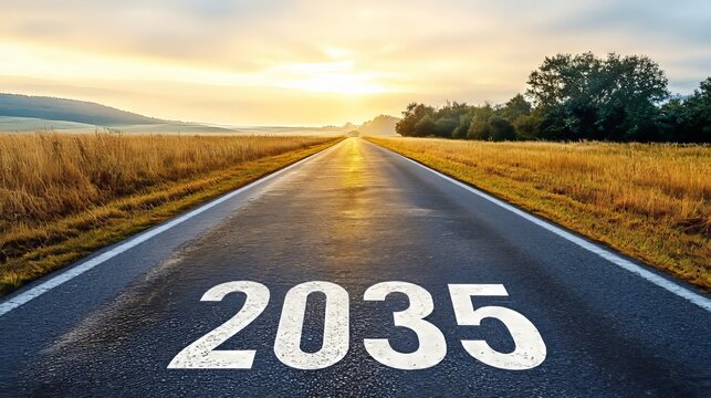 Conceptual forward journey on open road into glowing sunrise for future planning and 2035 vision.