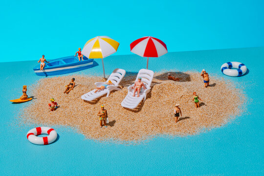 a miniature beach with figures and umbrellas