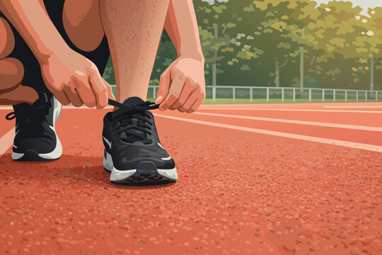 Close up of an athlete tying shoelaces on black running sneakers on a red stadium track.