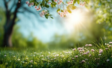 Obraz premium Sunlight streams through blooming branches onto a meadow of small flowers