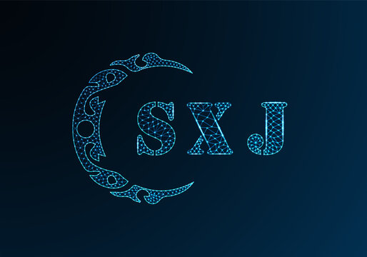 Low poly letter logo SXJ design. SXJ letter logo low poly vector design on blue color gradient background. SXJ logo low poly design
