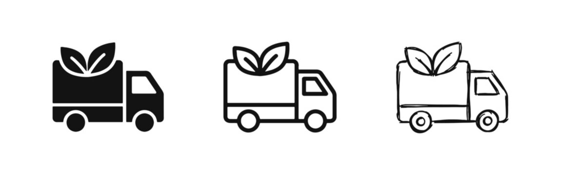 Eco Delivery Truck with Leaves Icon Set - Green Logistics and Sustainable Transport Symbol