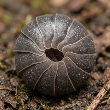 Common pill bug rolled into a perfect ball for defense on forest floor