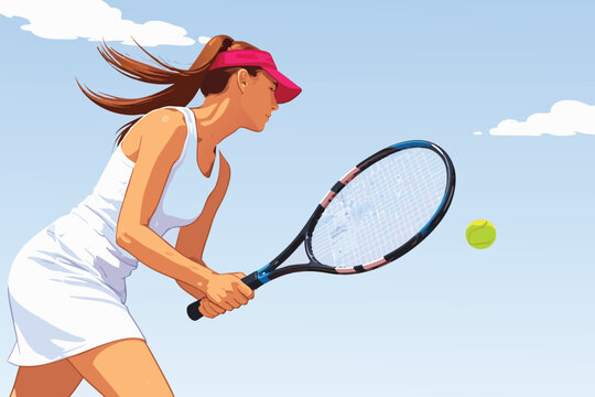 Athletic woman in white sportswear playing tennis and hitting a ball with a racket.