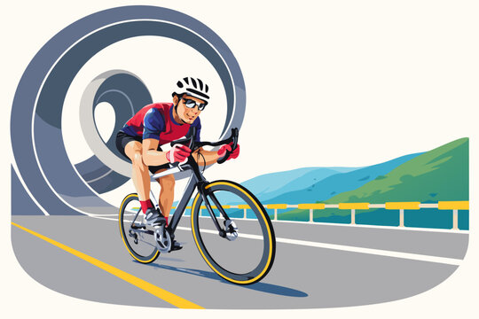 Professional road cyclist riding a bicycle through a scenic landscape with winding asphalt roads.