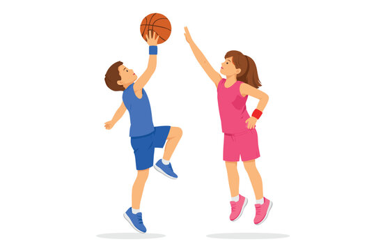Two young boys playing basketball together with one dribbling and the other defending on a white background.